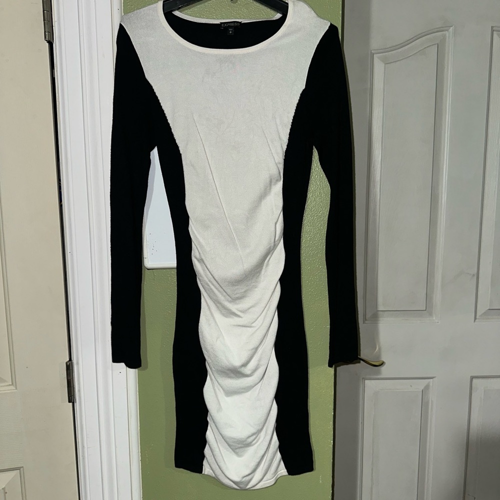 Express Black and White Bodycon Dress Long Sleeve Crew Neck